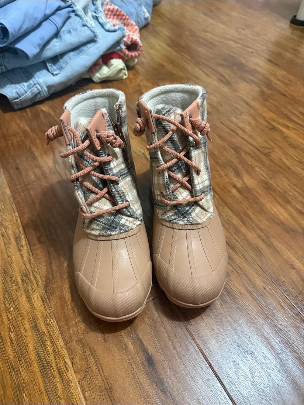 Sperry Kids Tan Plaid Duck Rain Boots
